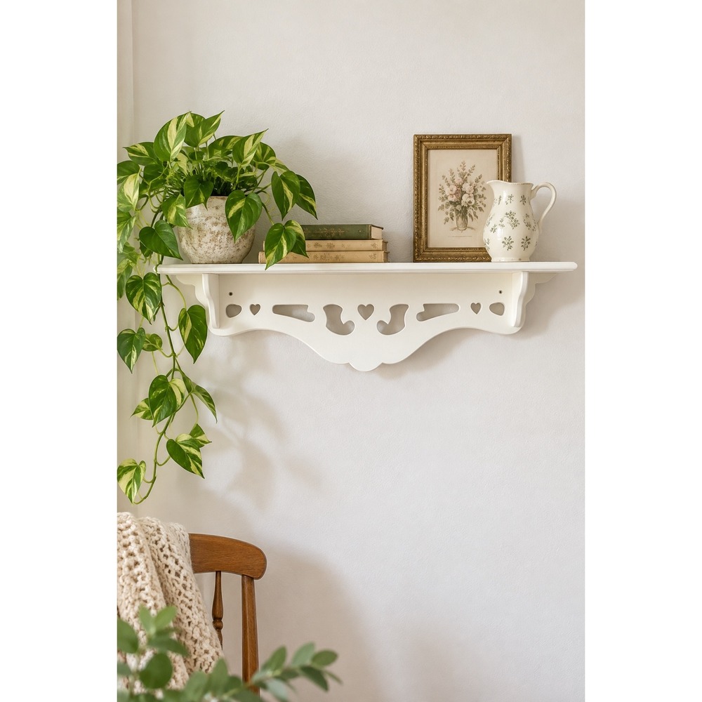 Vintage Cream Wooden Floating Wall Shelf Heart Stocking Cutout Cottagecore Decor